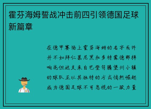 霍芬海姆誓战冲击前四引领德国足球新篇章